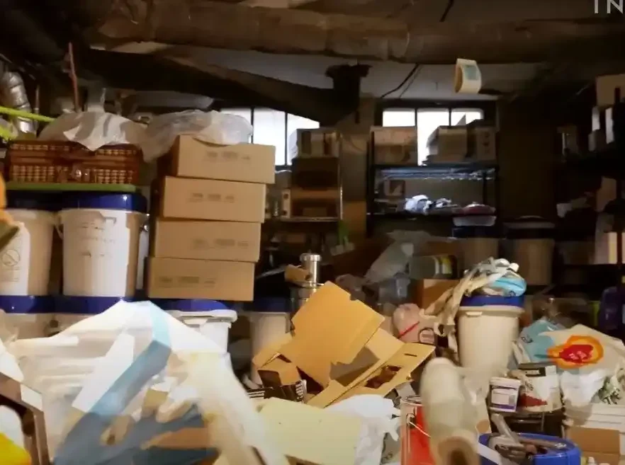 Basement Cleanout Wichits : A cluttered basement filled with boxes, furniture, and miscellaneous items. The basement has a low ceiling, exposed pipes, and a single window.